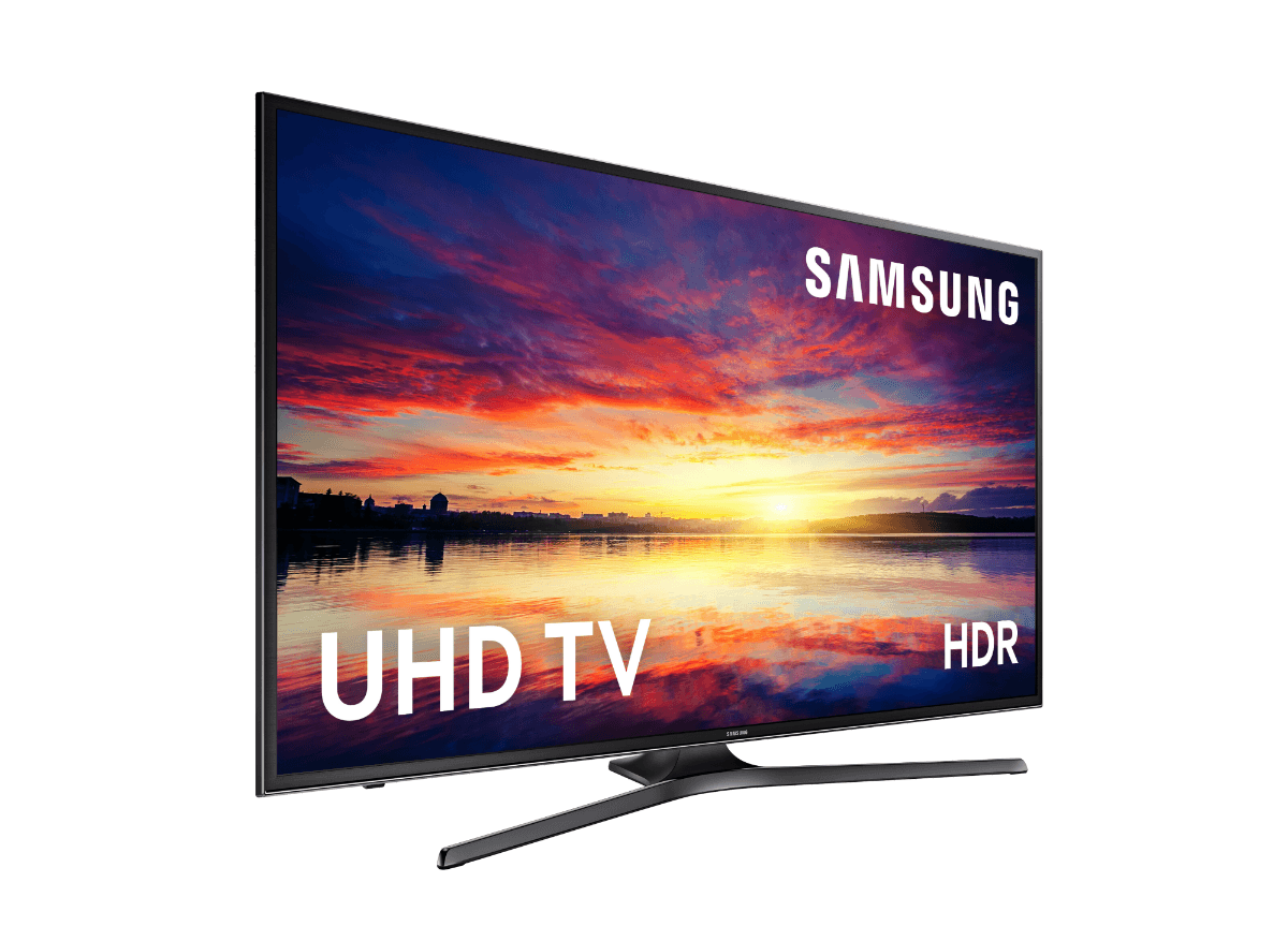 Pantalla de TV Samsung UHD. Puesta de sol sobre el agua. Texto UHD TV y HDR. Marco negro.