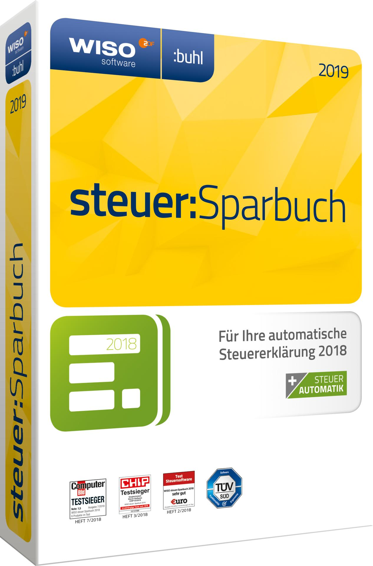 Ein Buchcover für WISO steuer:Sparbuch 2019. Es hat Logos, Auszeichnungen und Text auf Deutsch. Es ist gelb, blau und weiß.