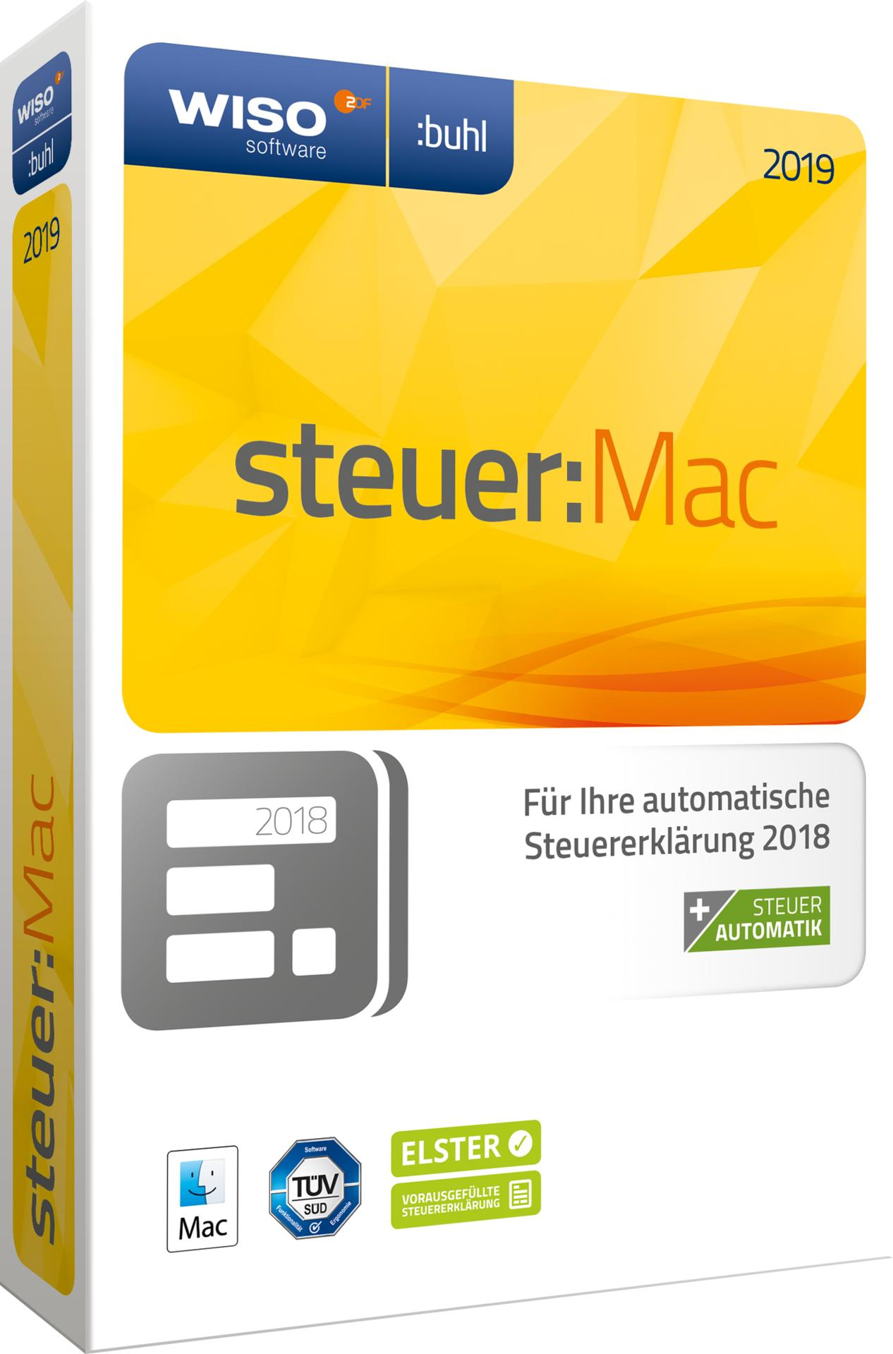 Eine Softwarebox mit dem Titel 'steuer:Mac' in Orange und Weiß. Es enthält das Logo der WISO-Software und das Jahr 2019.