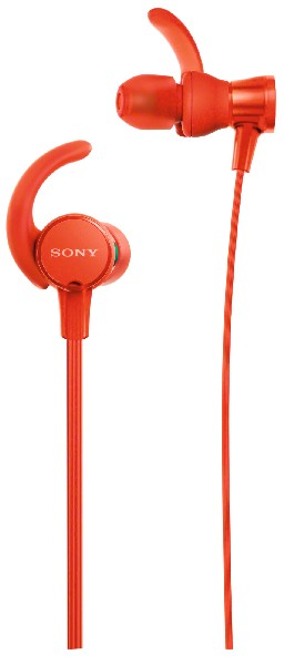 Auriculares Sony rojos sobre fondo blanco. Los auriculares tienen ganchos y cable.