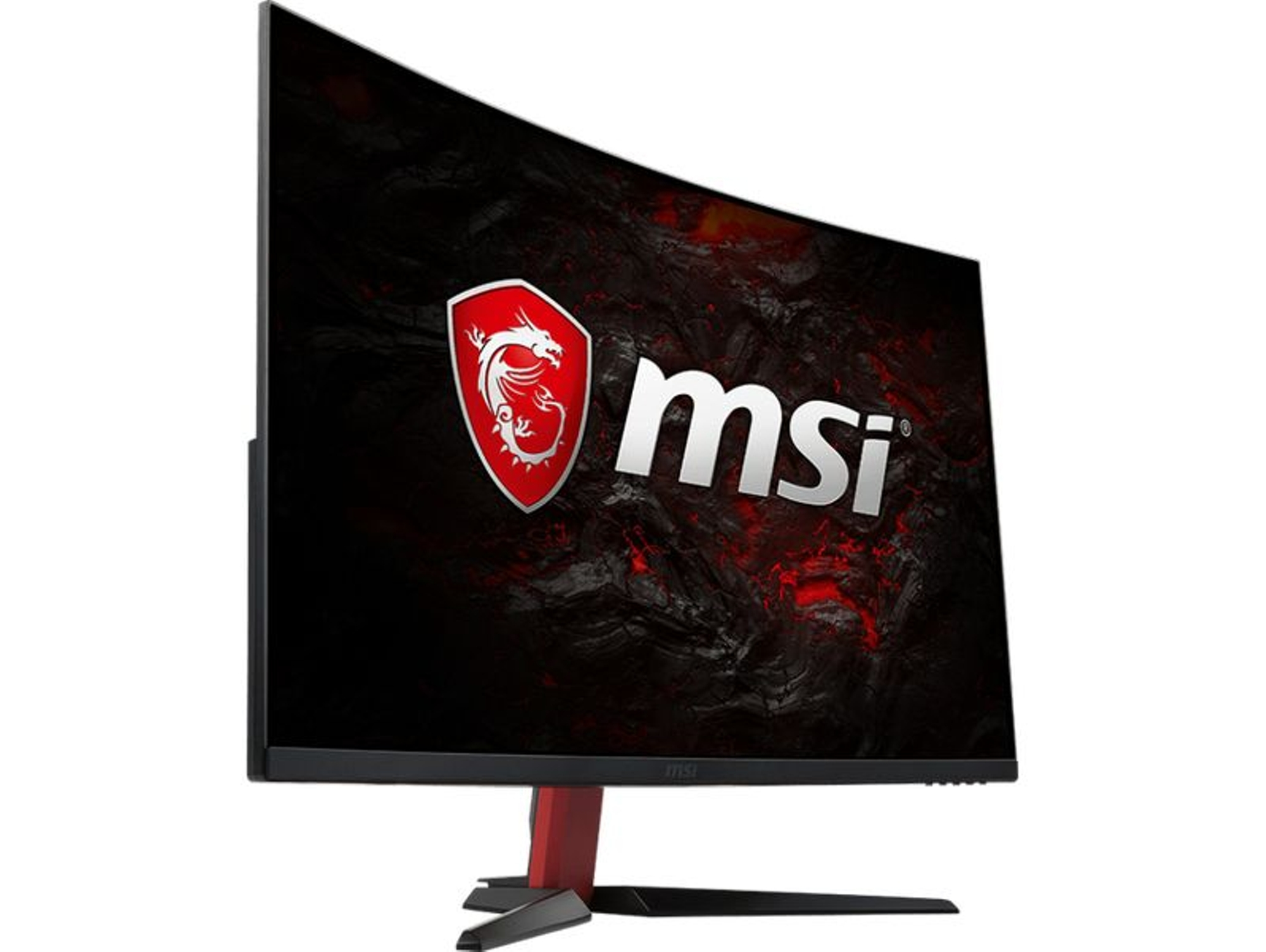 Monitor gaming curvo MSI. Presenta un soporte rojo, un logo de dragón rojo y un bisel negro.