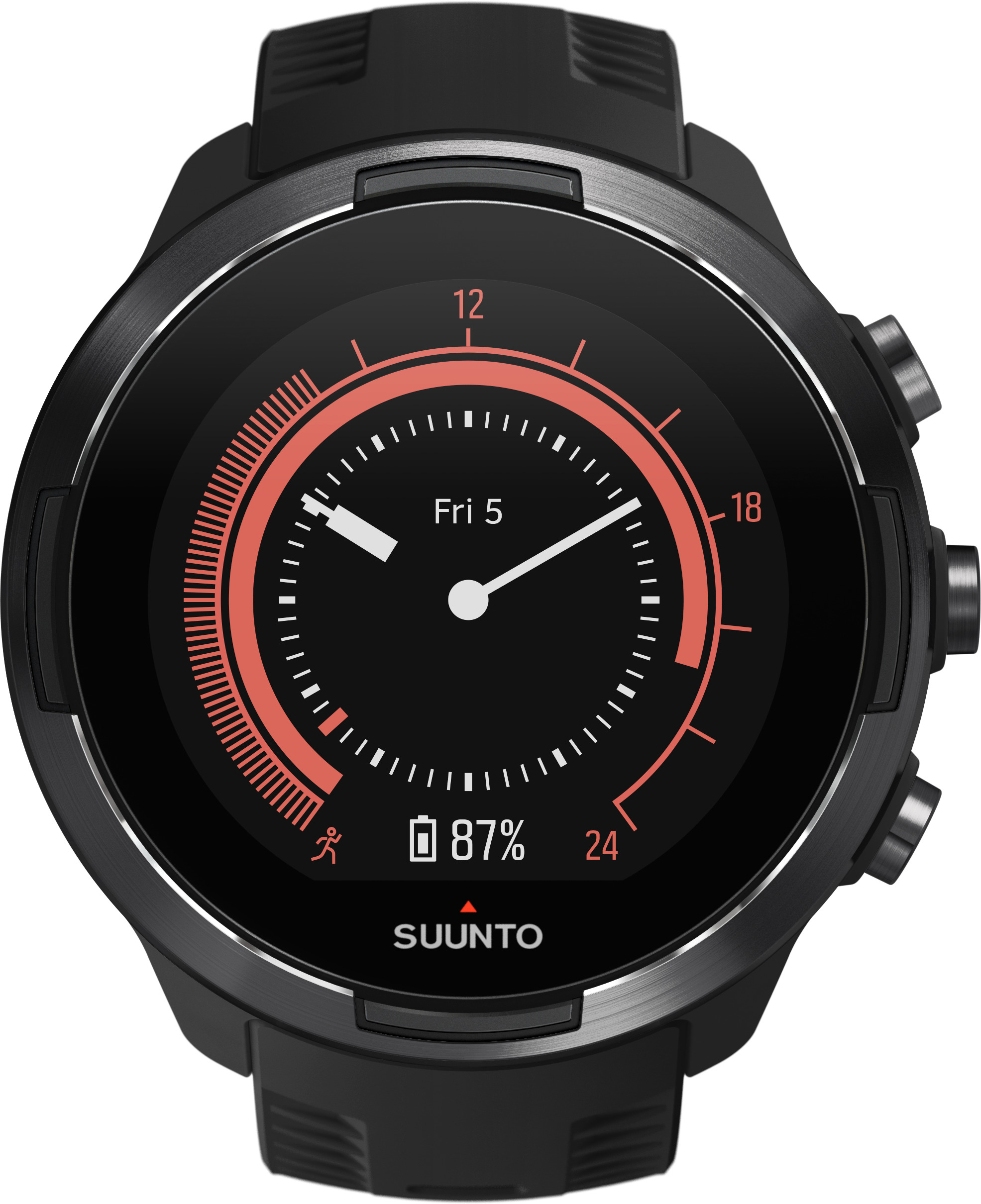 Schwarze Suunto-Uhr mit rundem Zifferblatt. Sie zeigt Zeit, Datum, Akku und Aktivitätsdaten an.