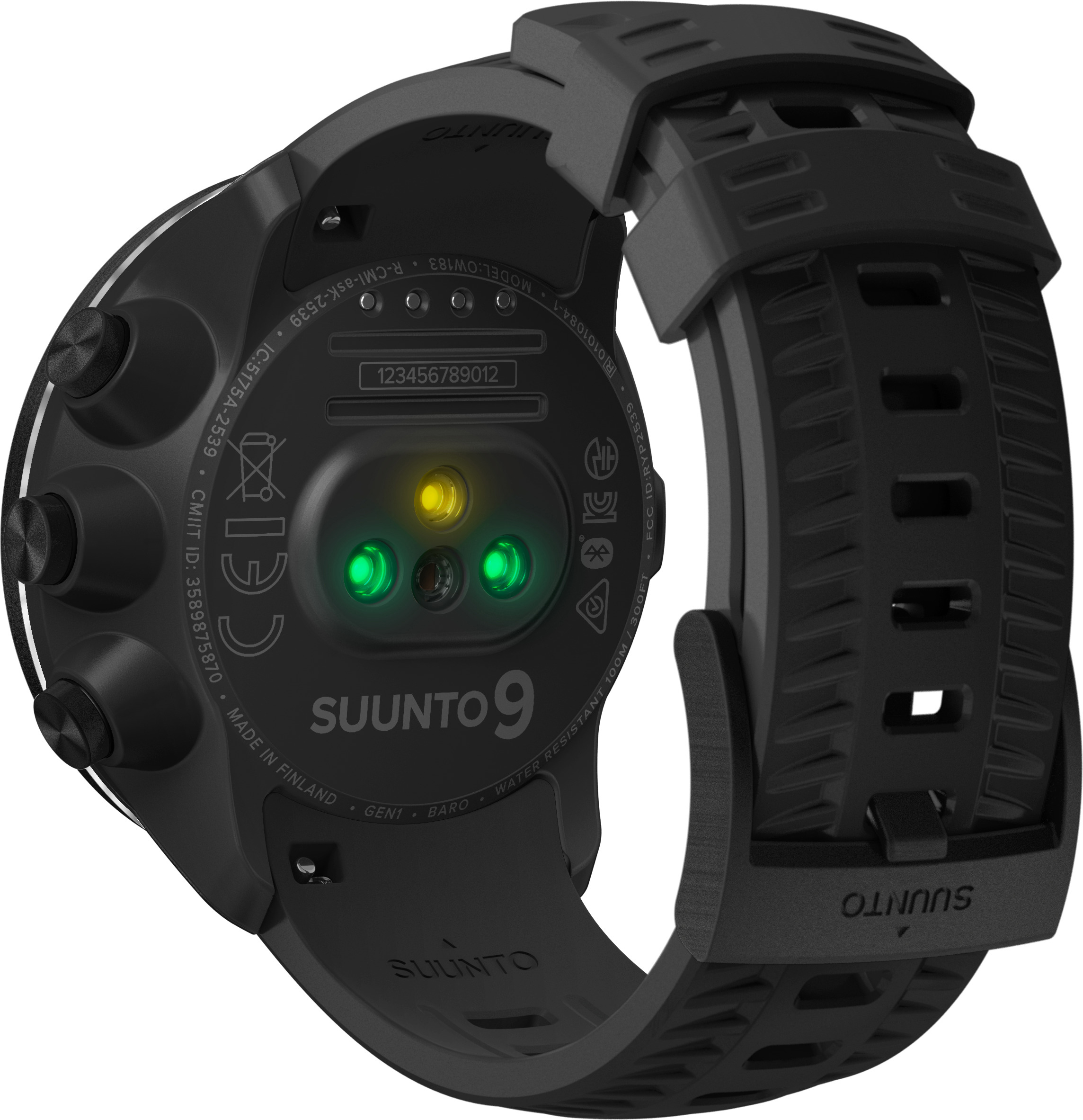 Die Rückseite einer schwarzen Suunto 9 GPS-Uhr mit Herzfrequenzsensoren und schwarzem Armband.