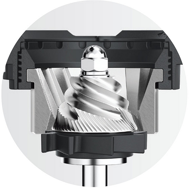 Nahaufnahme, Querschnitt einer Kaffeemühle, mechanische Teile sichtbar.