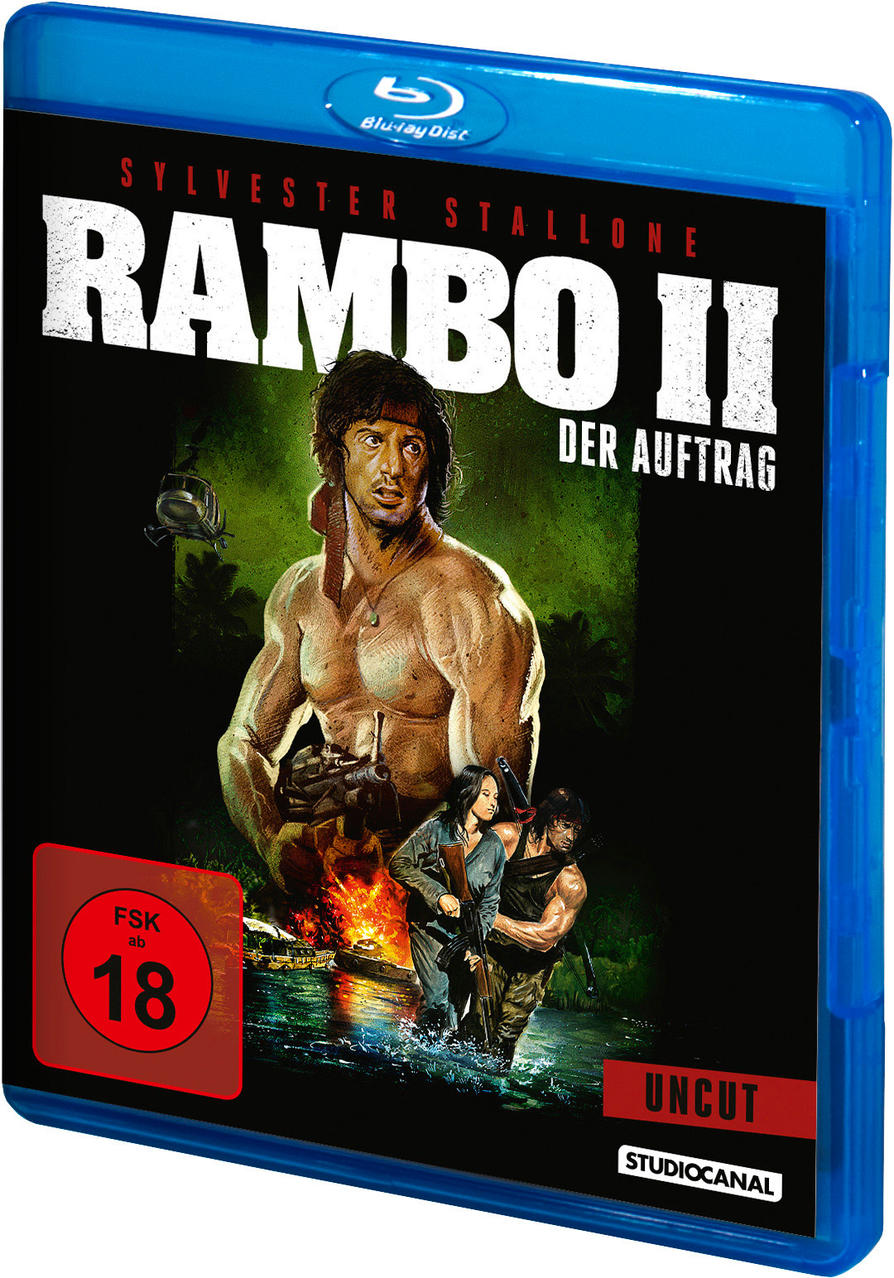 Rambo II Blu-ray-Disc-Cover. Sylvester Stallone ist die zentrale Figur, mit Dschungel- und Kriegsszenen.