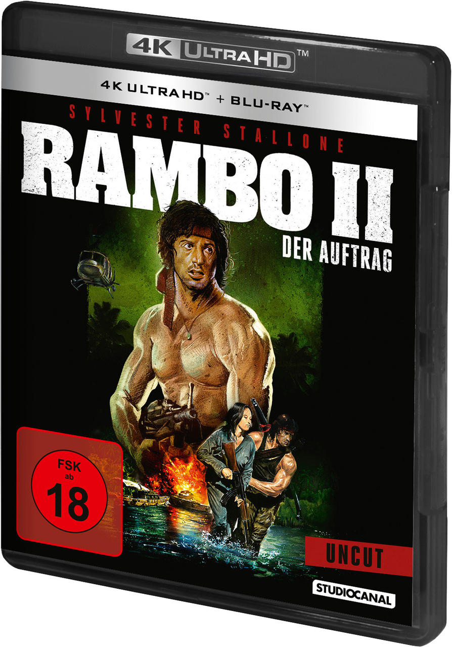 Rambo II 4K Ultra HD Blu-ray Cover mit Sylvester Stallone und anderen.