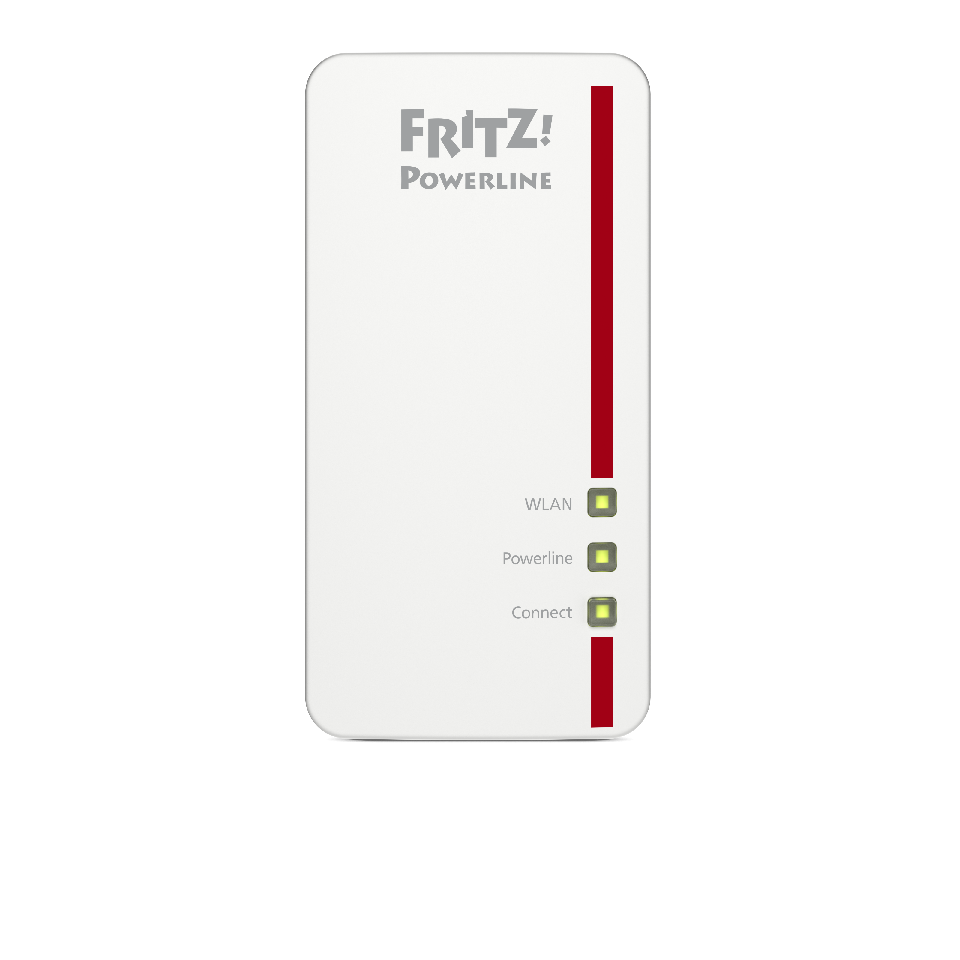 A white Powerline adapter with the FRITZ! logo. It has WLAN, Powerline, and Connect indicators with a red stripe on the right.