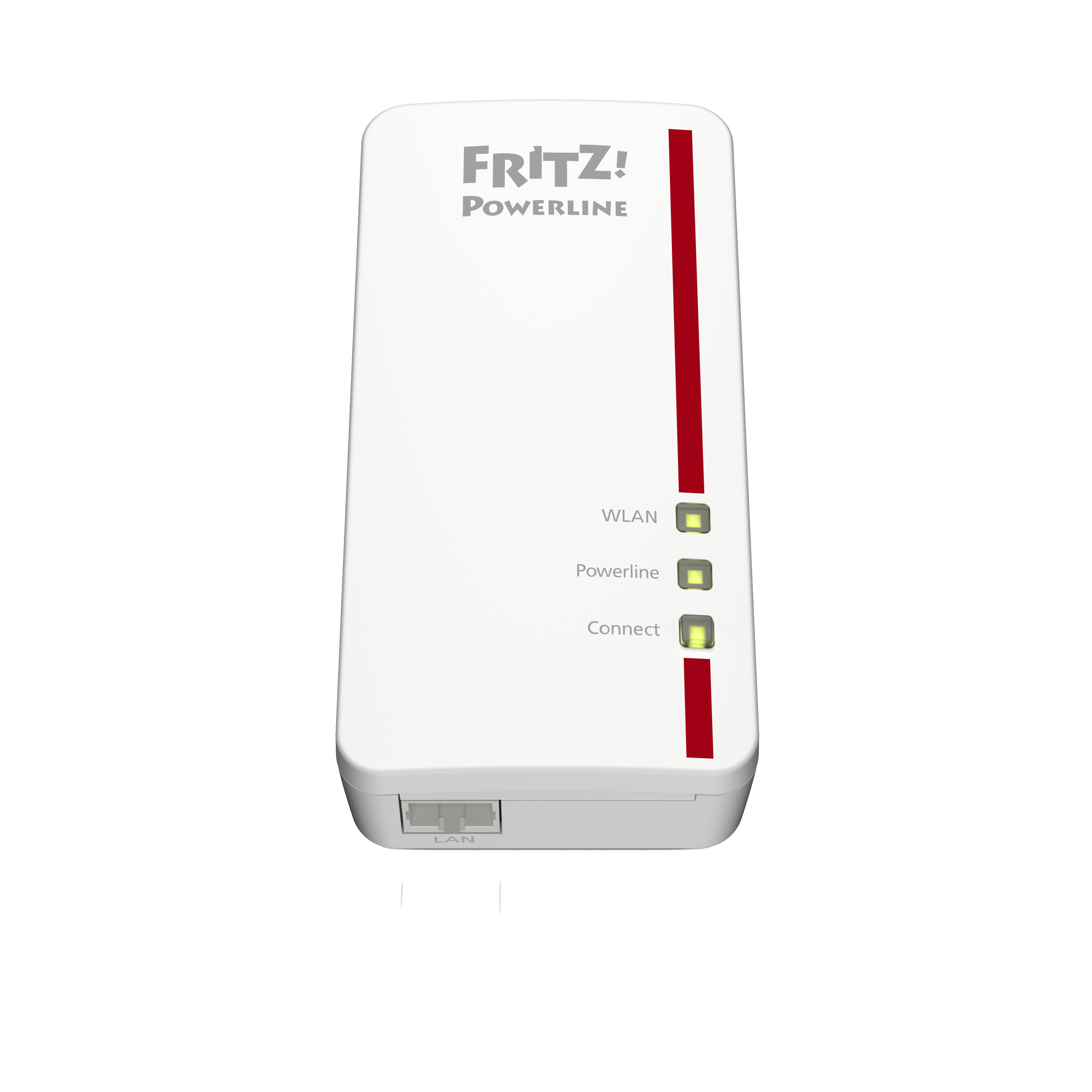 A white FRITZ! Powerline adapter with red stripe. It has WLAN, Powerline and Connect indicators lit up. Black background.