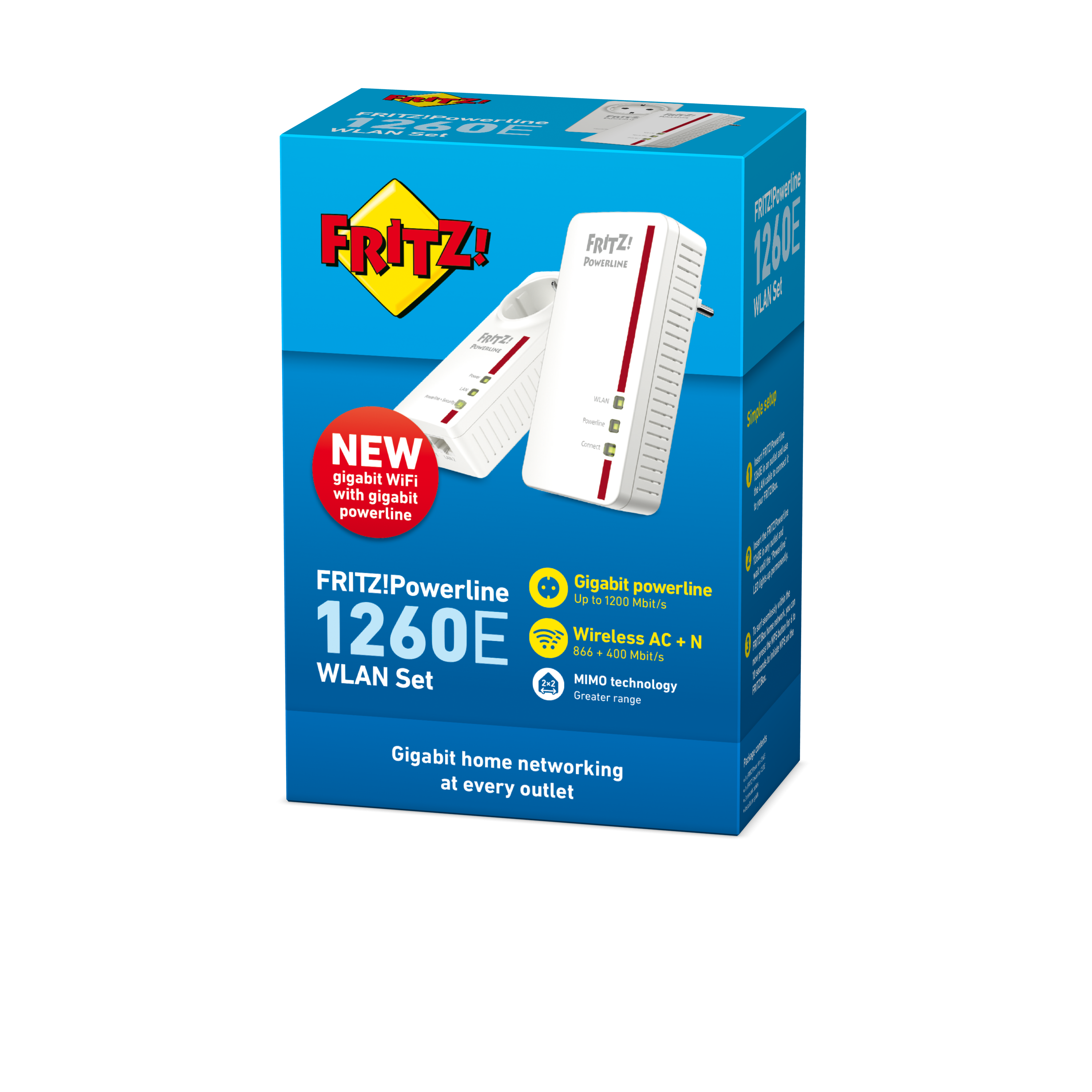 A product box with two white FRITZ! powerline adapters, text, and icons against a black background.
