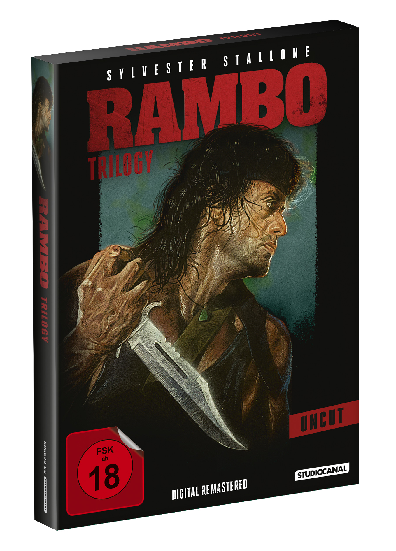 Rambo-Trilogie DVD-Box-Set. Sylvester Stallone hält auf dem Cover ein Messer.