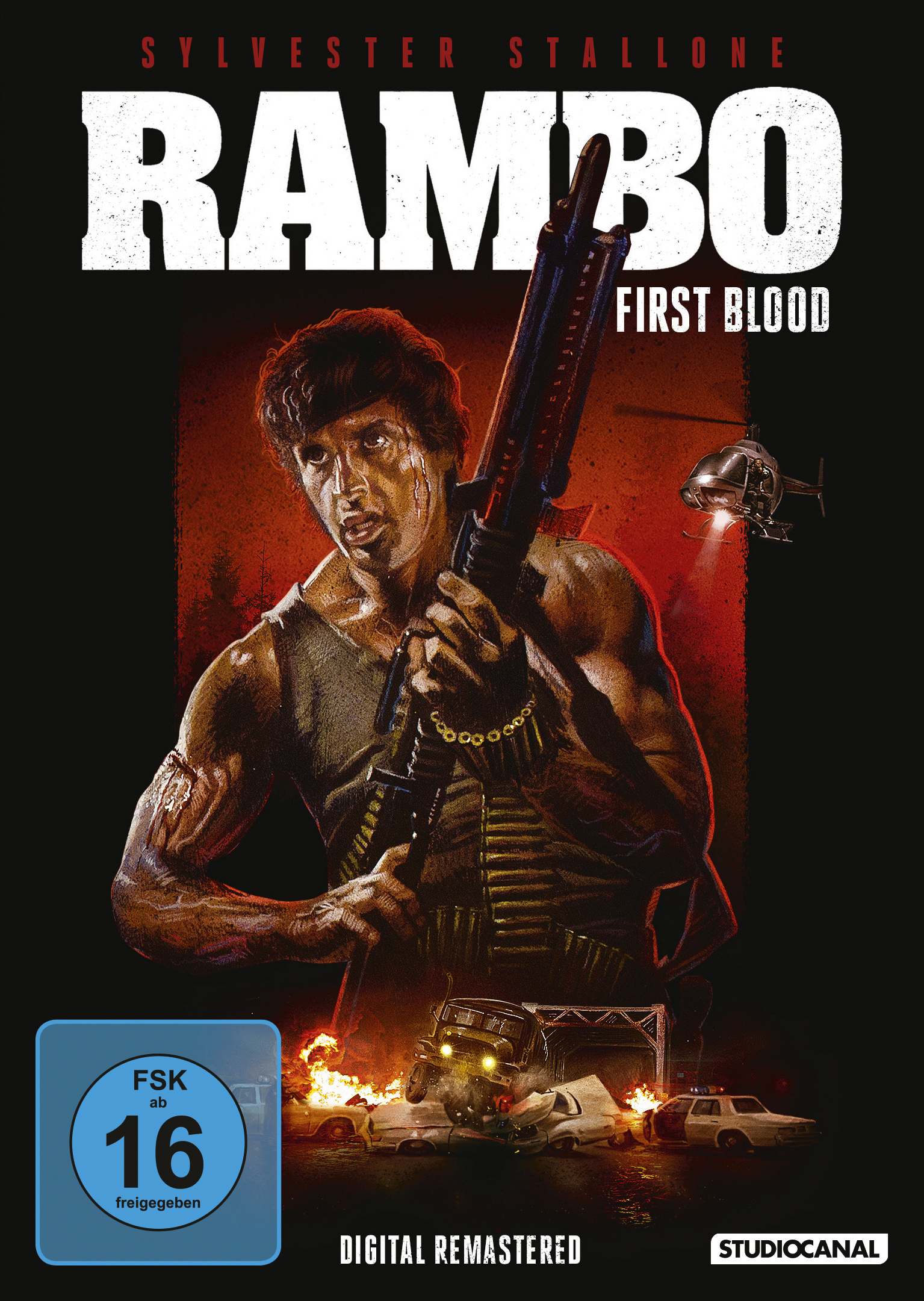 Rambo-Filmplakat: Sylvester Stallone mit einer Waffe, Explosionen, ein Hubschrauber im Hintergrund, mit Text.