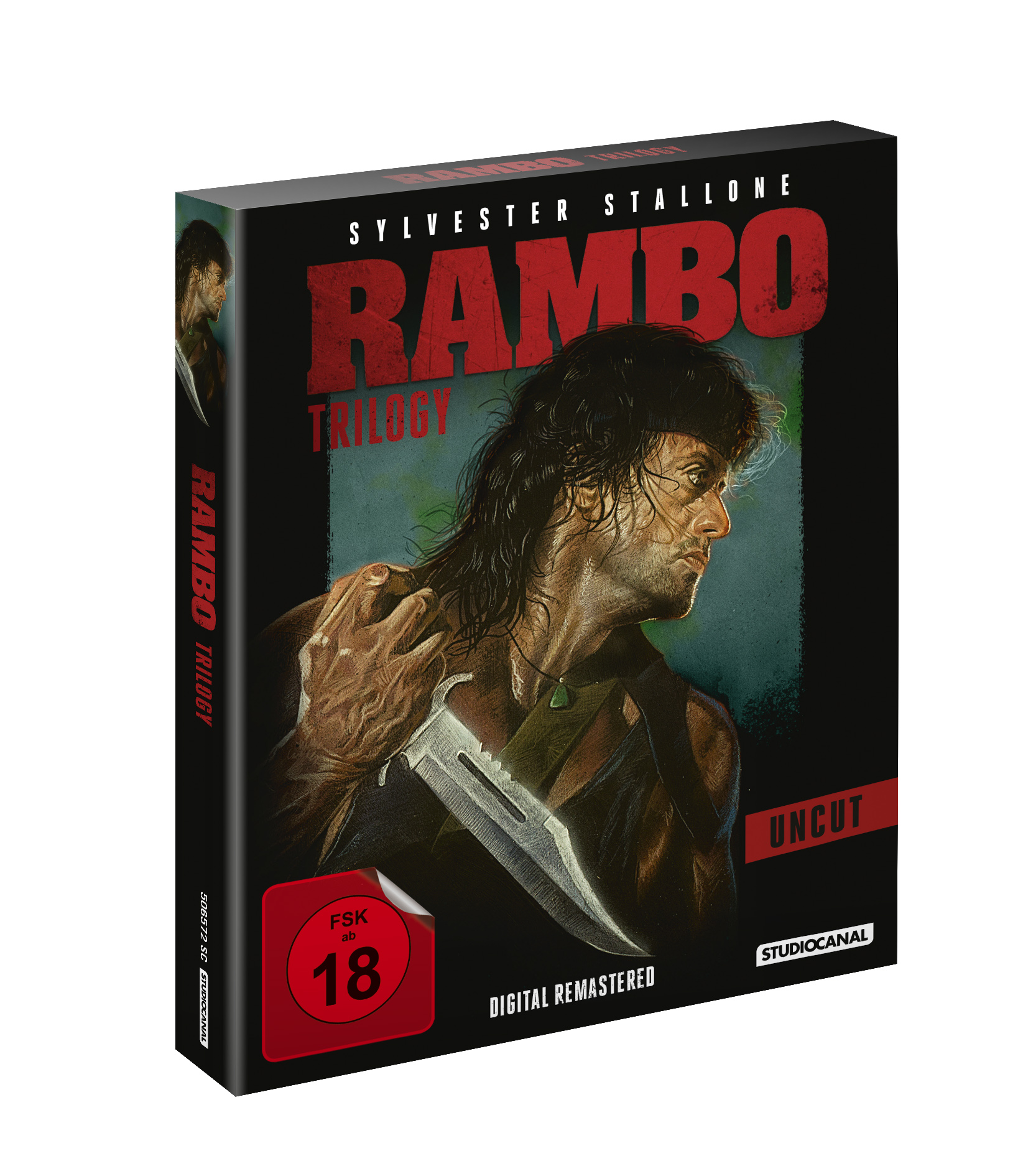 Rambo Trilogy Blu-ray-Box. Sylvester Stallone mit Messer ist auf dem Cover zu sehen. Schwarzer Hintergrund.