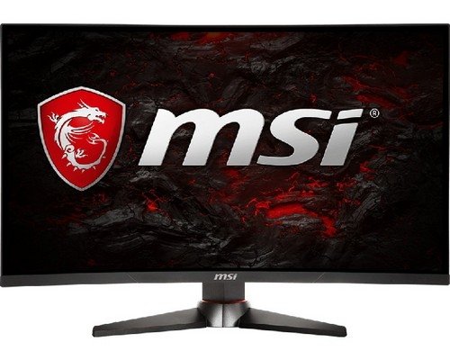 Un monitor MSI curvo con diseño rojo y negro y un logotipo de dragón.