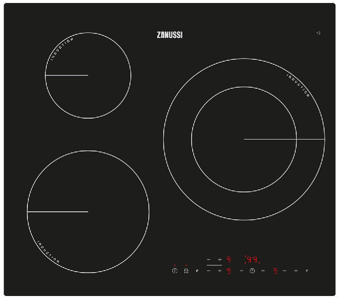 Placa de inducción Zanussi negra con tres zonas de cocción y controles digitales.