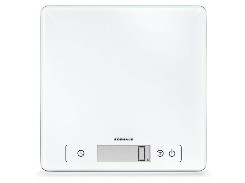 Báscula de cocina digital blanca con pantalla y botones. Marca: SOEHNLE.