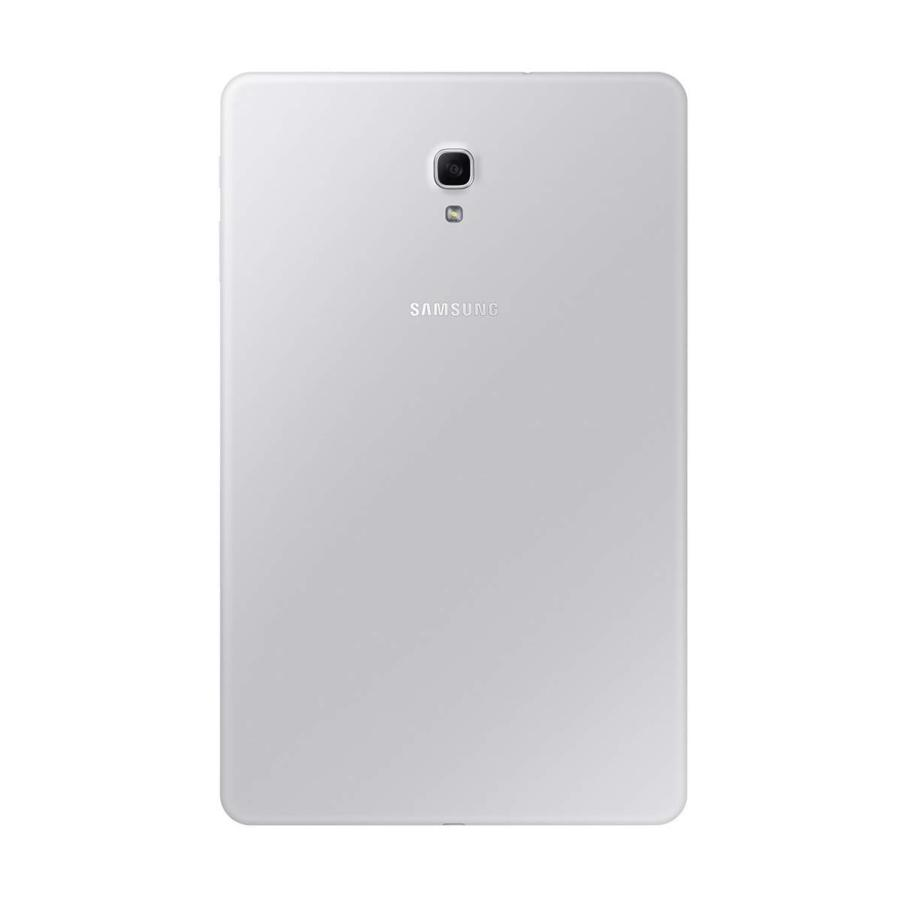 Tableta blanca, vista trasera. Lente de cámara en la parte superior, logotipo de Samsung. Diseño limpio y minimalista.
