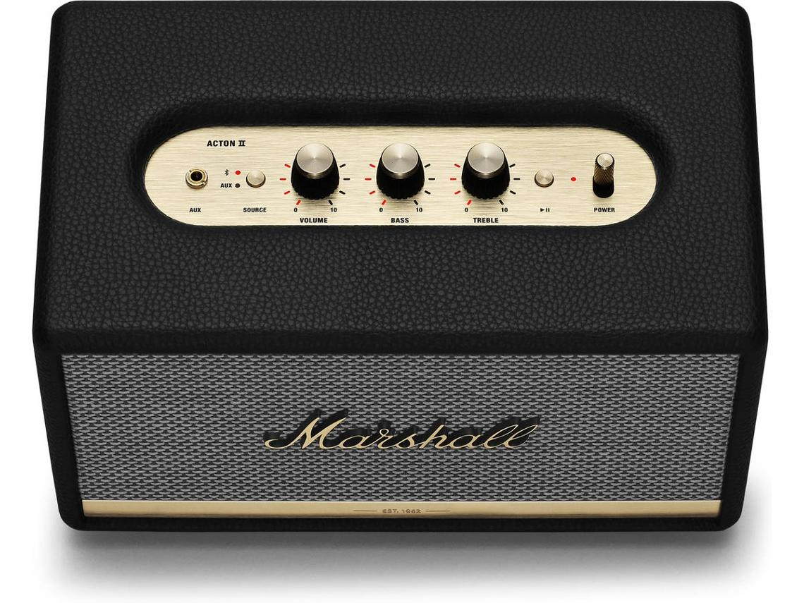 Vista superior de un altavoz negro y dorado, con controles de volumen, graves y agudos y logotipo Marshall.
