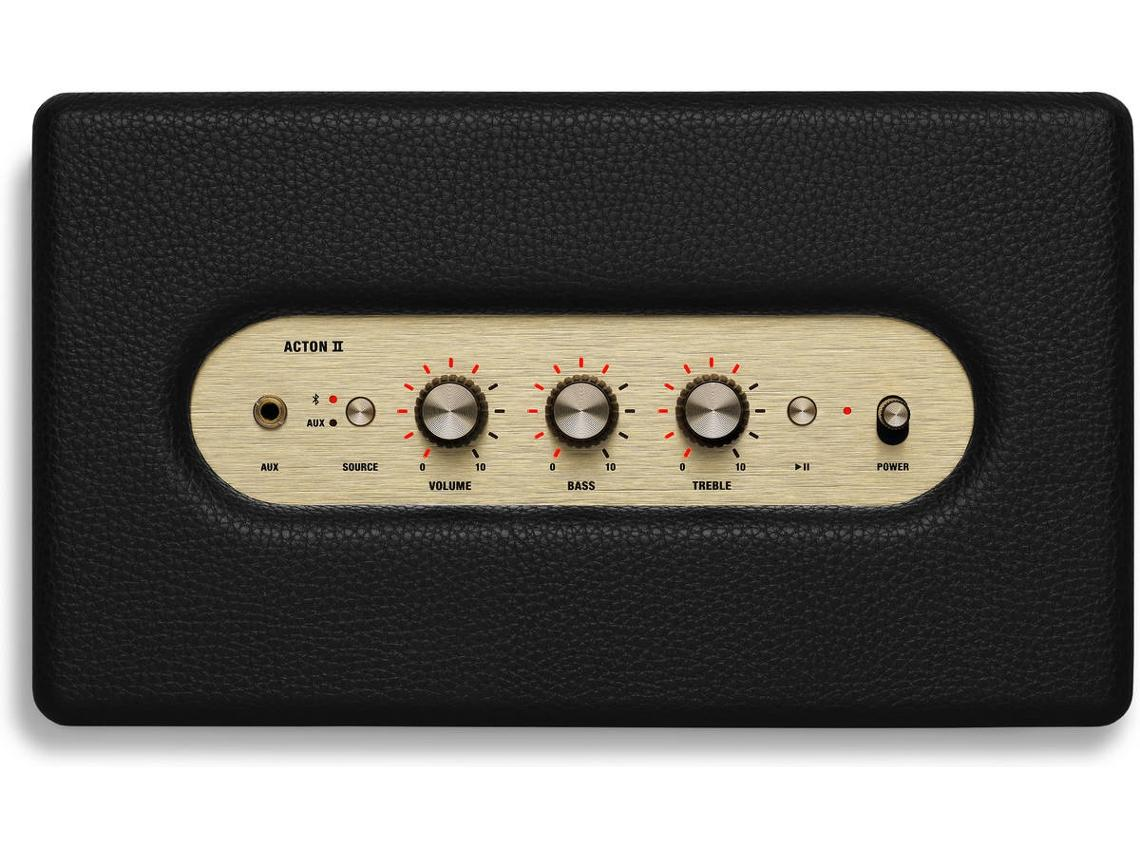 Altavoz Marshall Acton II negro con perillas de volumen, graves y agudos. Cara dorada.
