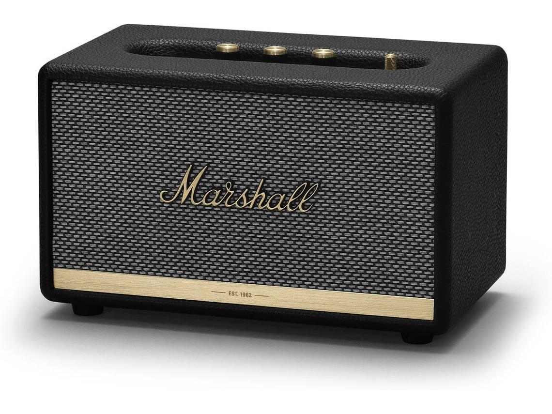Un altavoz Marshall negro. Tiene una rejilla frontal gris, detalles dorados y el logotipo de Marshall.