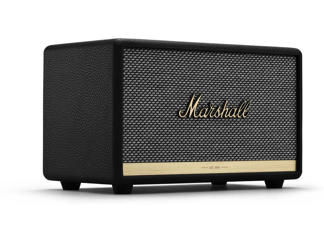 Altavoz Marshall. Exterior negro similar al cuero, logotipo dorado de Marshall y rejilla de tela.