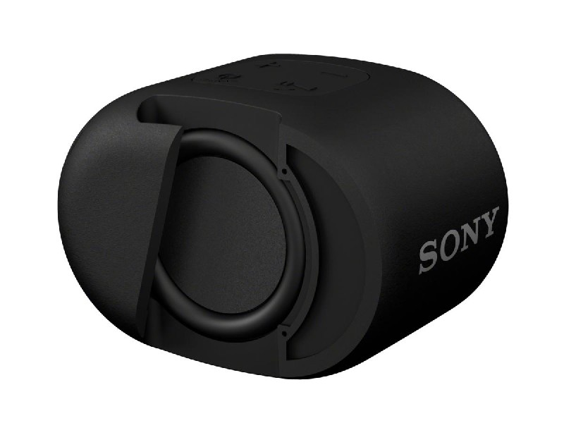 Altavoz Sony negro, vista de corte, mostrando el cono del altavoz e internos. Fondo blanco.