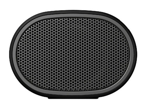 Altavoz ovalado negro con muchos agujeros pequeños en el frente.