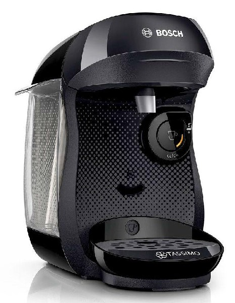 Cafetera Tassimo negra sobre blanco. Con depósito de agua y panel de control.