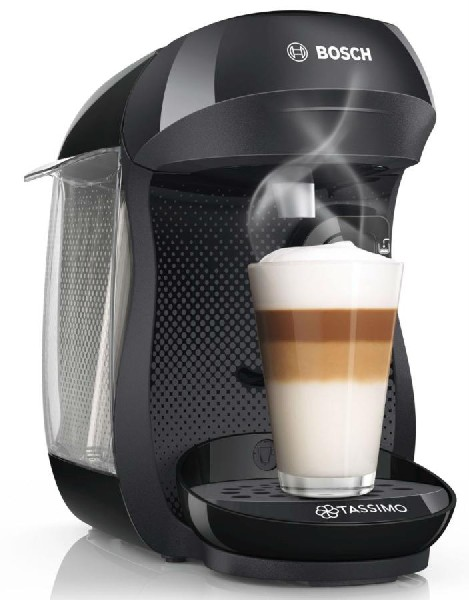 Una cafetera Bosch Tassimo negra con un vaso de café en capas.
