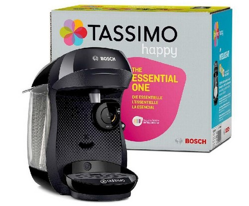 Máquina de café Tassimo negra con caja. La caja es rosa y tiene texto.