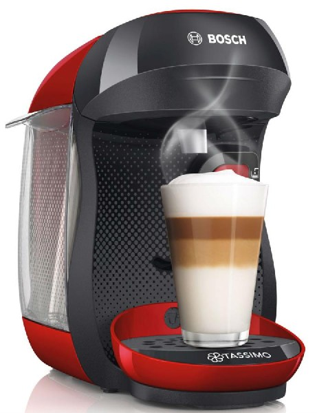 Cafetera Bosch Tassimo roja y negra con un latte en un vaso.