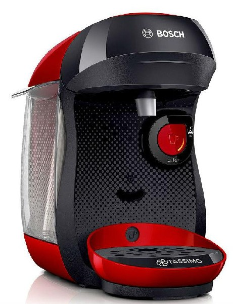 Cafetera Tassimo Bosch roja y negra. Cuenta con un depósito de agua y un botón rojo.