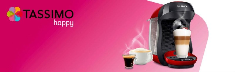 Máquina Tassimo con café, espresso y latte sobre un fondo rosa brillante y blanco.