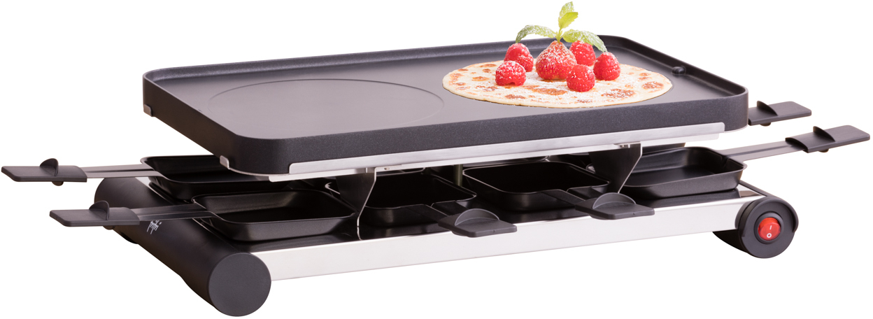 Raclette grill with black surface, cheese trays below, raspberries and pancake on top.