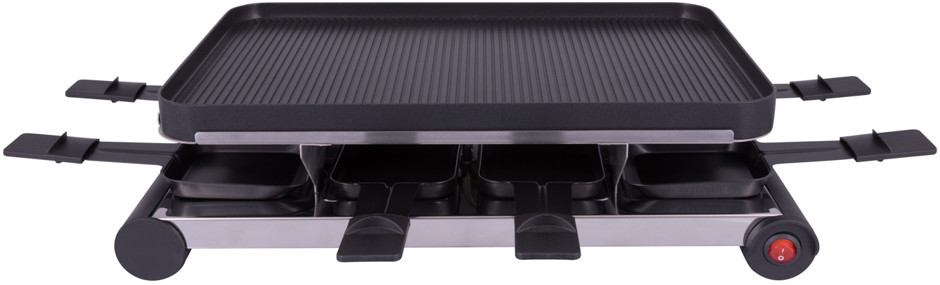 Raclette grill with black grill surface, cheese pans and power button.