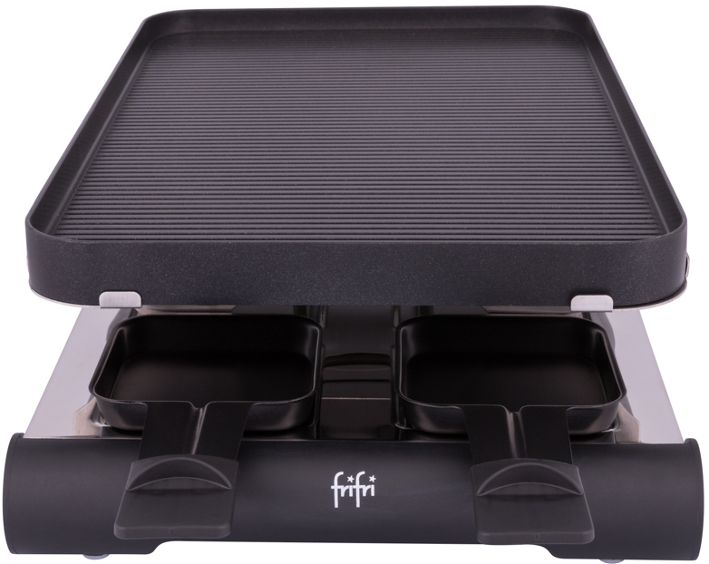 Raclette grill with two trays, a black griddle top, and a silver base. Food preparation device.