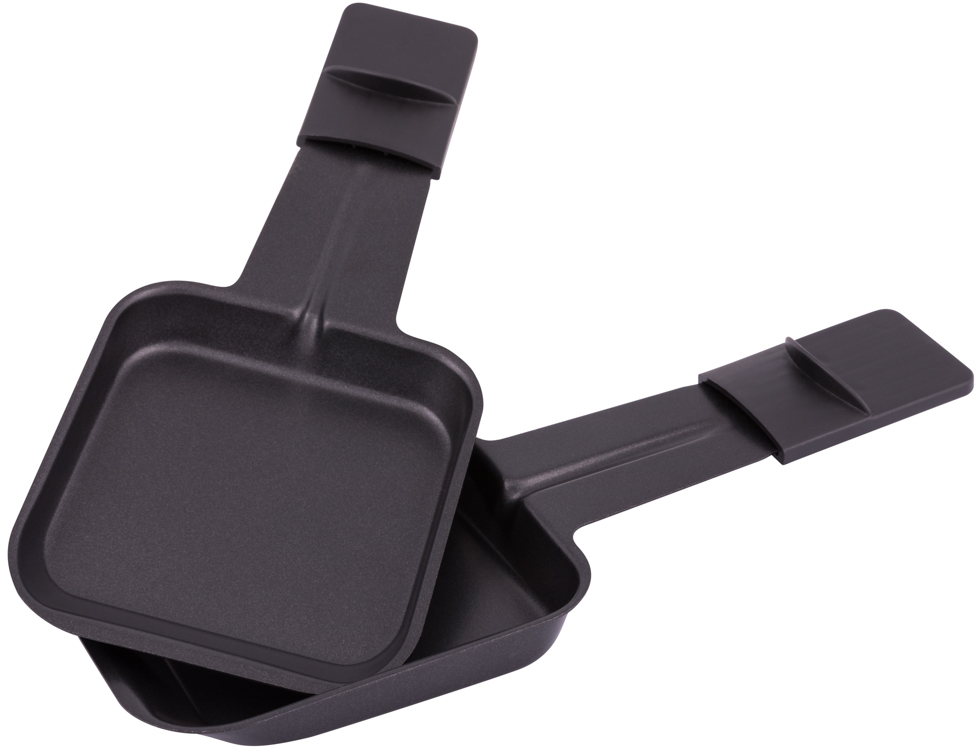 Two black raclette pans, each with a handle and a raised edge for easy handling.