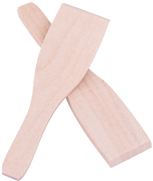 Two wooden spatulas, light brown, overlapping. One is angled, the other flat.