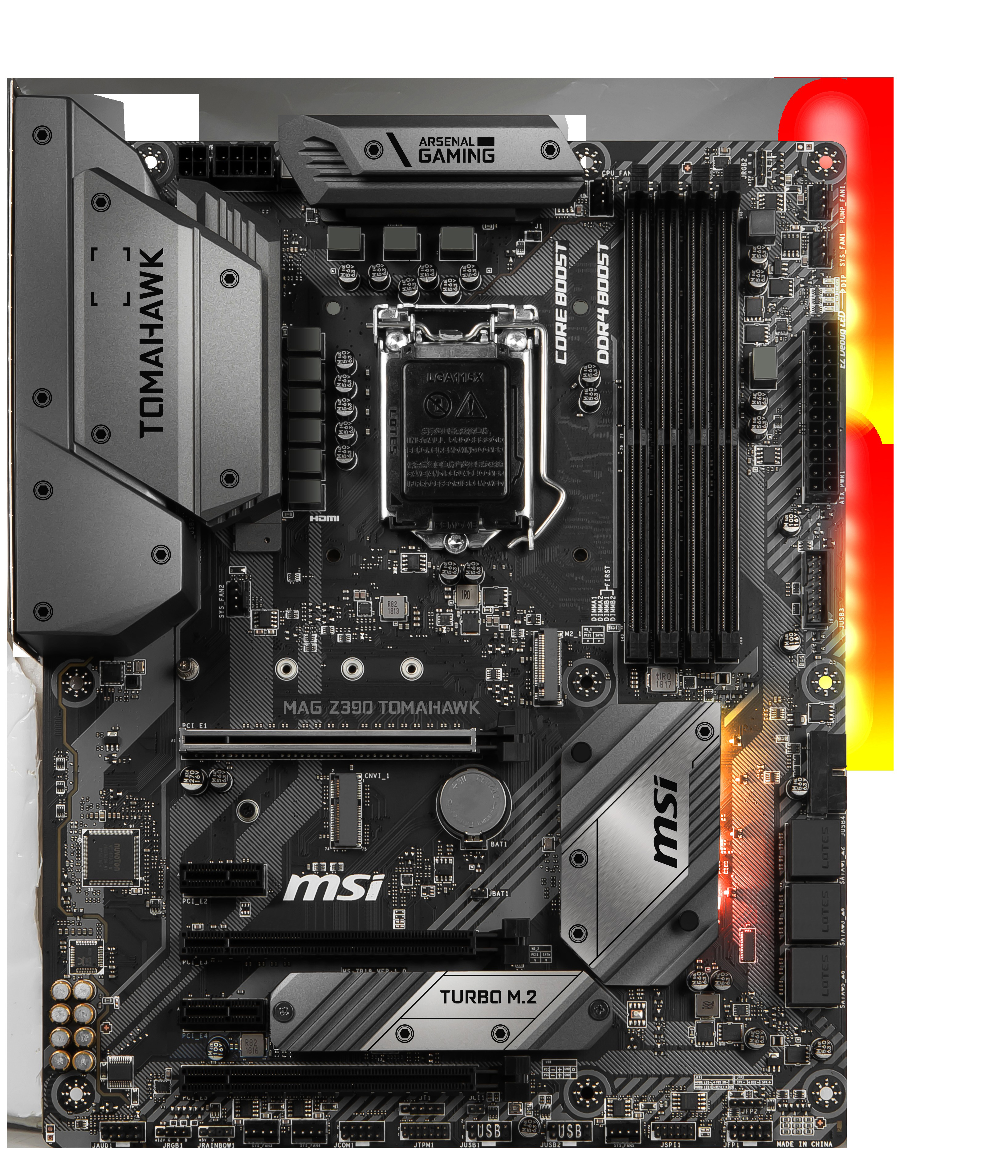 Ein schwarzes und graues MSI Tomahawk-Motherboard mit roter LED-Beleuchtung und verschiedenen Komponenten.