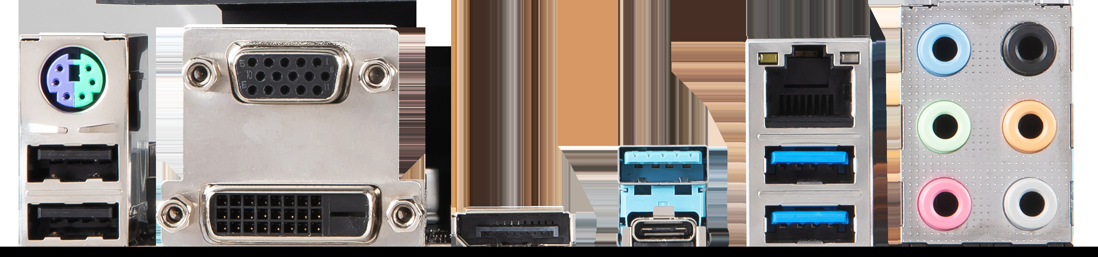 Nahaufnahme der Rückseite eines Computers mit verschiedenen Anschlüssen, darunter USB, HDMI und Audiobuchsen.