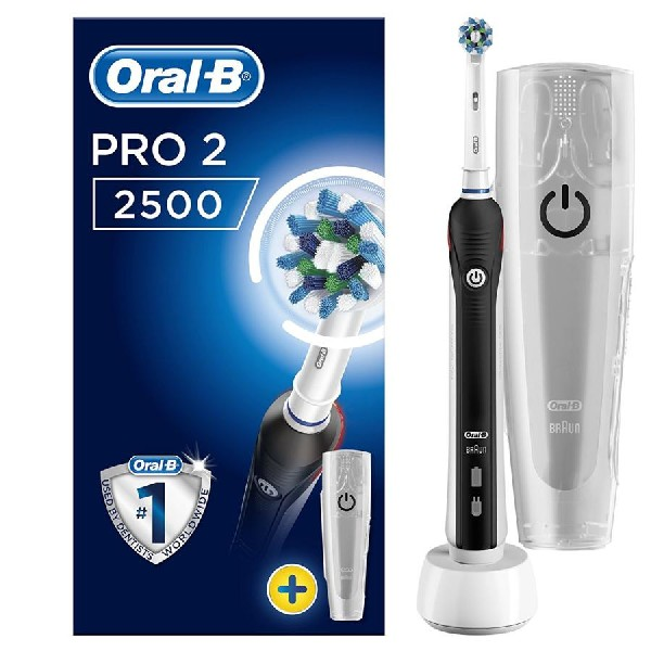 Cepillo Oralb Pro2500 action negro estuche 2 2500 crossaction de dientes 1 mango recargable tecnología braun cabezal recambio viaje temporizador integrado y control oscilante pulsaciones