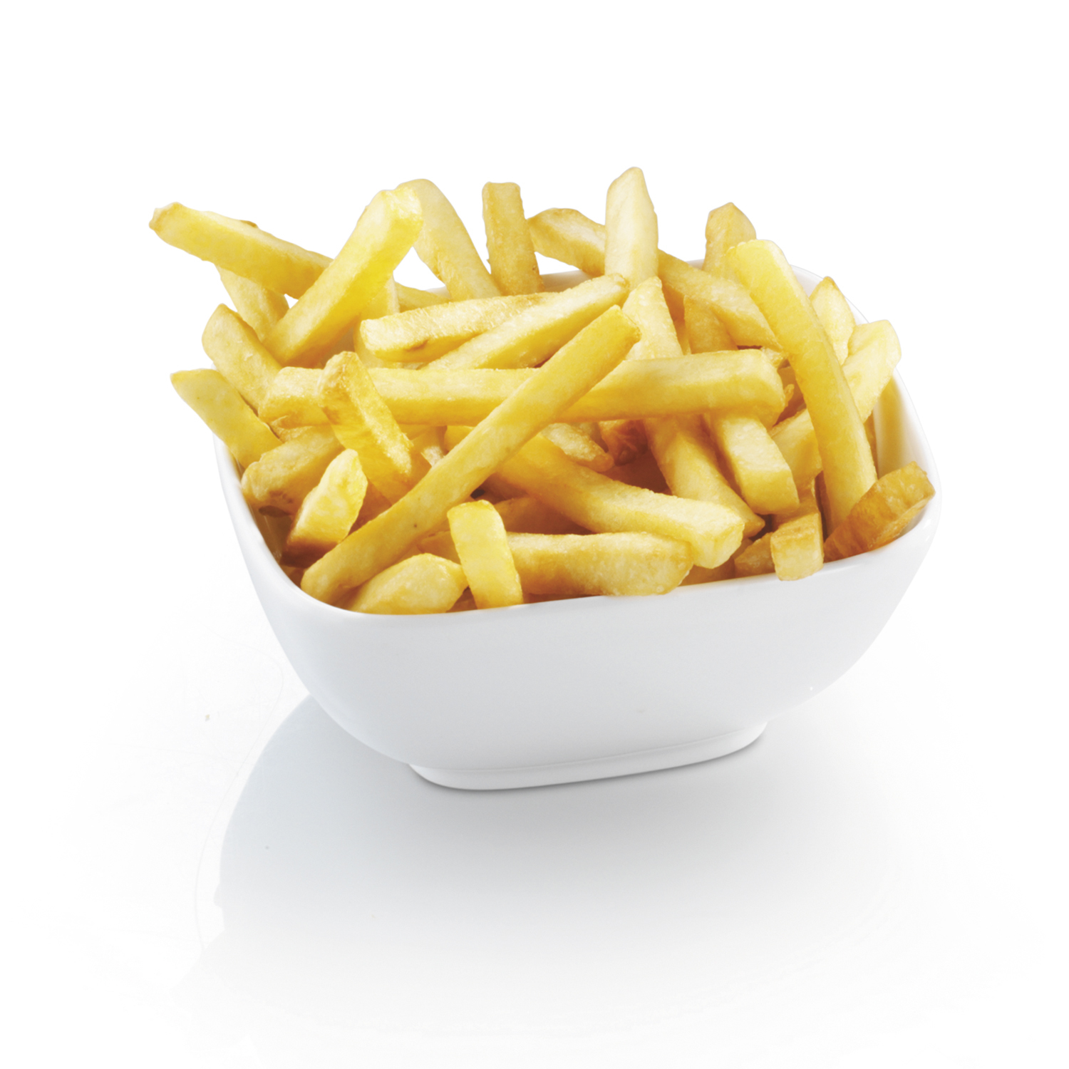 Un tazón de papas fritas doradas. El tazón es blanco y las papas están apiladas.