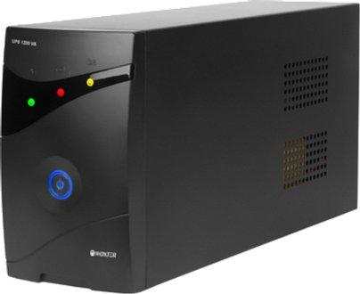 Dispositivo UPS negro con frente curvo, luces indicadoras y rejillas de ventilación laterales.