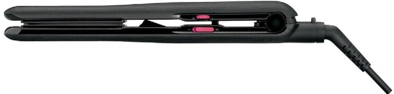 Plancha de pelo negra con detalles rosas, sobre superficie blanca.