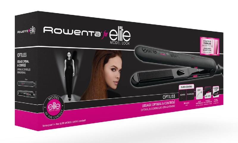 Caja de plancha de pelo Rowenta con imagen de modelo y detalles del producto.