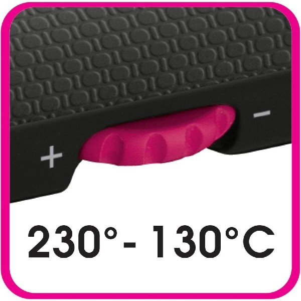 Un dispositivo negro con una rueda de control rosa y texto que indica rangos de temperatura.