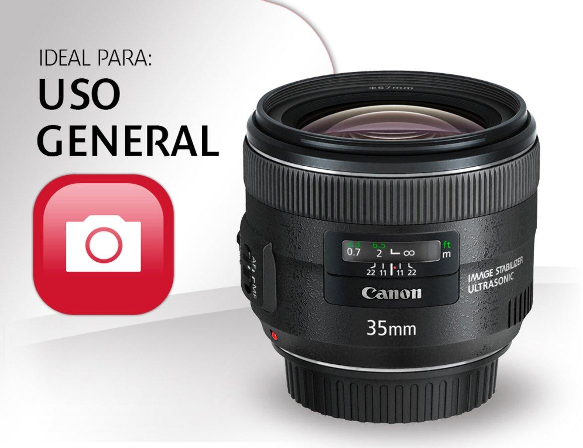 Un objetivo Canon 35mm con texto que dice "USO GENERAL" y un icono de cámara en un cuadro rojo.