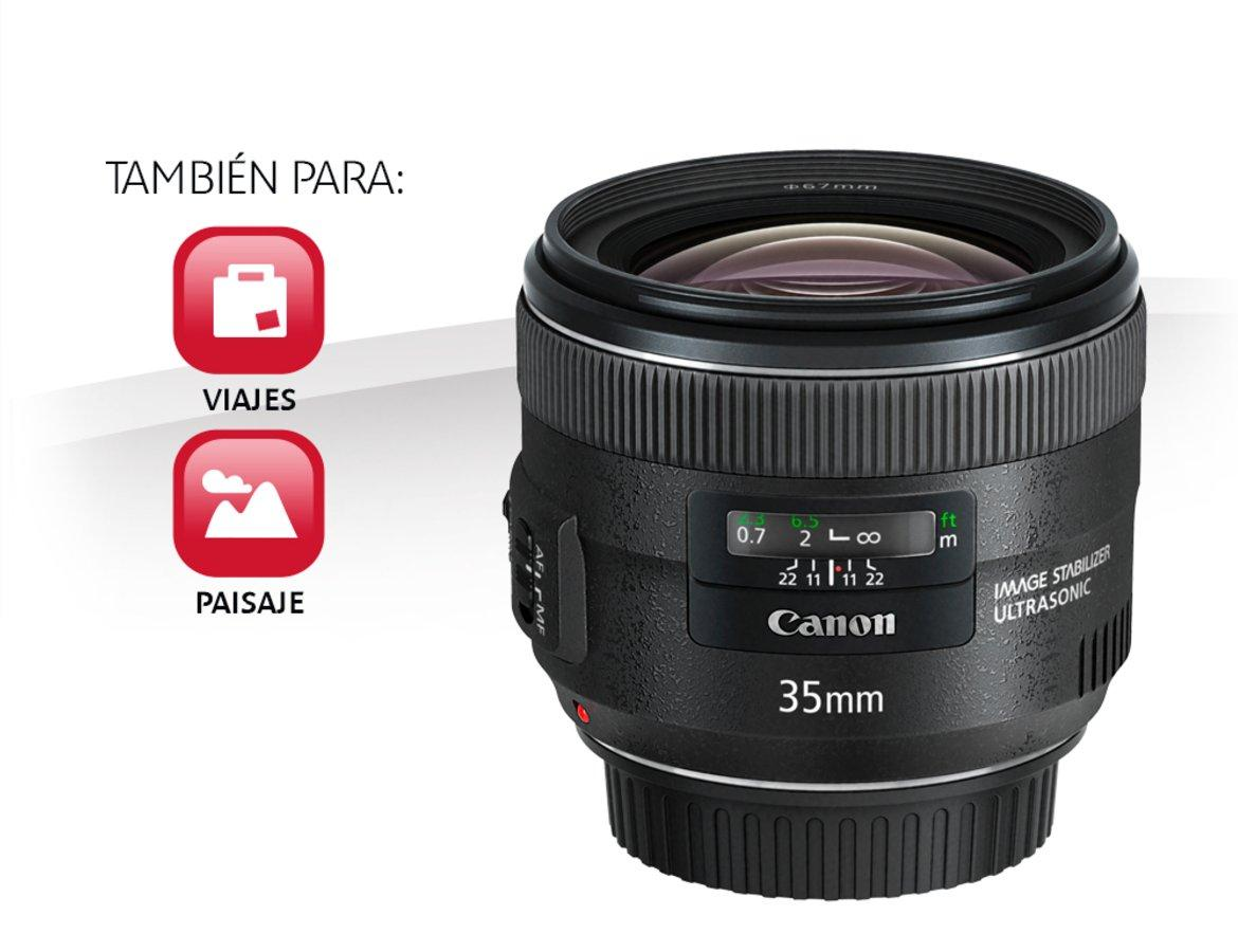 Lente de cámara Canon 35 mm con texto y marcas de escala, con iconos de viaje y paisaje.