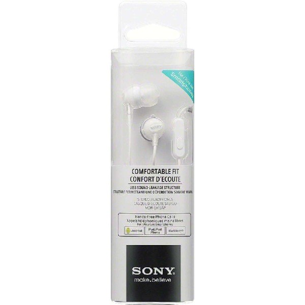 Auriculares Sony blancos en un paquete plástico transparente. El paquete tiene texto y marca.
