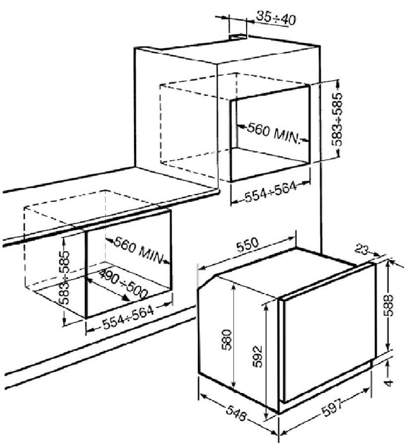 Dibujo lineal de horno empotrado, con dimensiones.