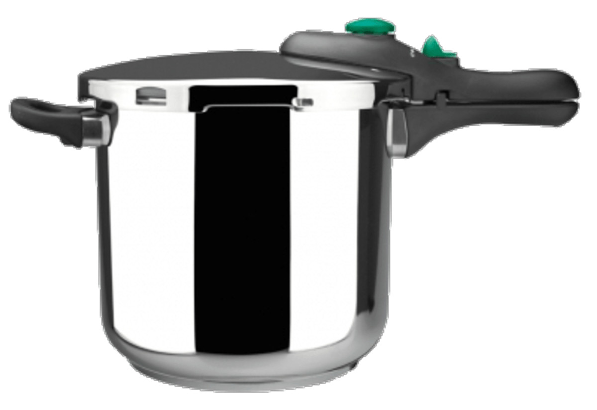 Una olla a presión se muestra contra un fondo blanco.